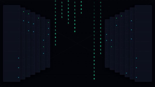 Futuristic Motion Digital Data Stream Visualization in a Dark Cyber Environment.