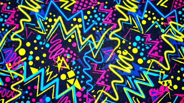 Vibrant neon memphis pattern with zigzags and dots