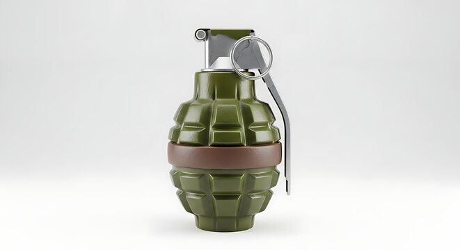 Olive drab fragmentation grenade isolated on white studio background military ordnance