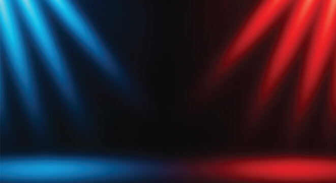 Dramatic scene with red and blue spotlights illuminating dark empty space creating contrast and atmospheric effect for stage or presentation backgrounds.