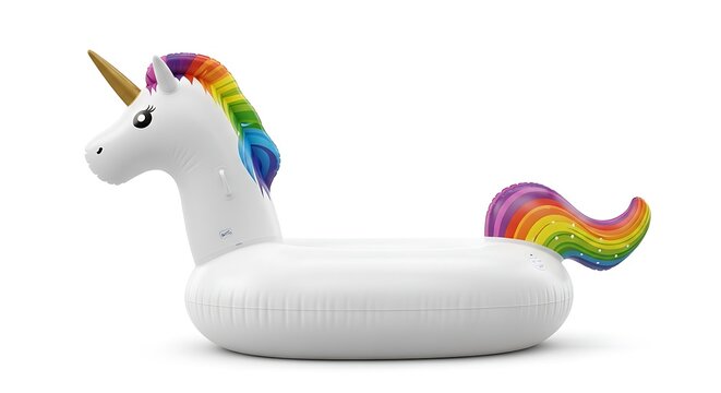White inflatable unicorn pool float with rainbow mane and horn on white background