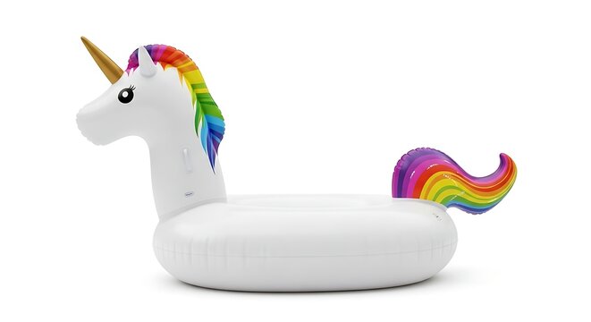 White unicorn pool float with rainbow mane and horn on white background