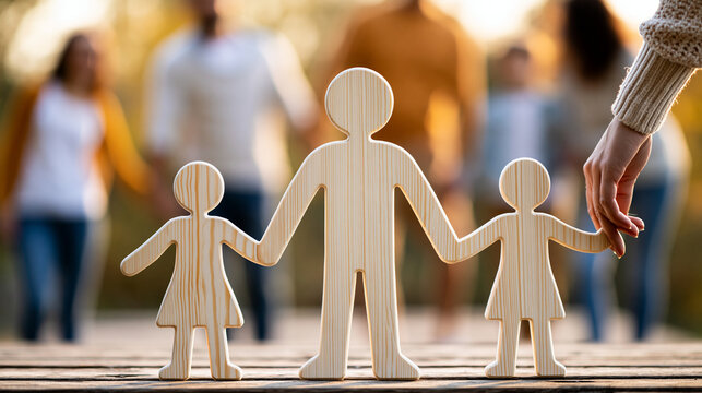 Anonymous happy family posing together outdoors, family unity and togetherness concept, faceless, defocused, with copy space