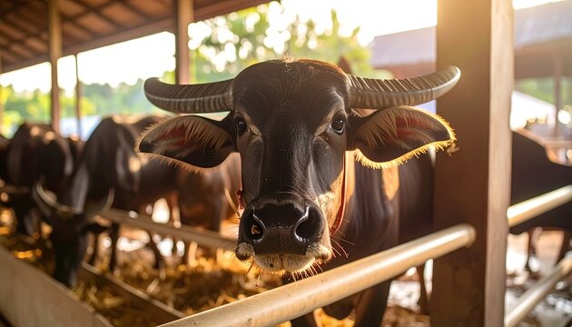 Water Buffalo in Barn at Dawn