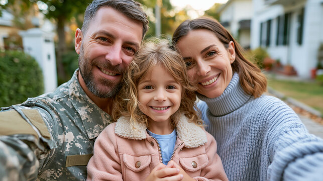 Anonymous happy disabled retired military man holding kids in his arms while his wife takes a family selfie, veteran homecoming and family reunion concept, faceless, defocused,