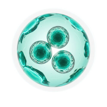 Three iridescent turquoise-green probiotic spheres with high-gloss textures float within a glowing mint-cyan translucent orb, gel-like membrane, 'PROBIOTICS' text, clean scientific innovation concept