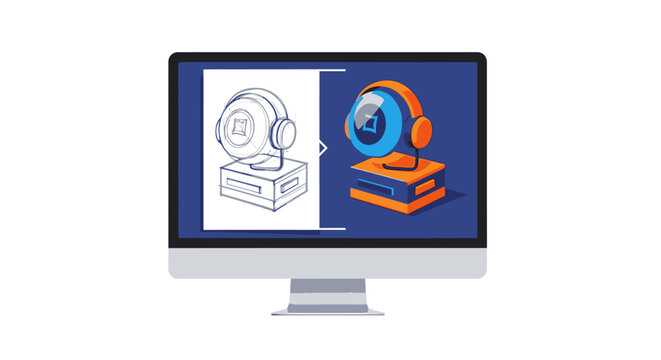 Industrial Product Design Process on Computer Screen Showing Sketch to 3D Rendered Prototype of Audio Technology Equipment