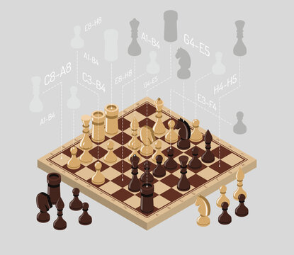 Isometric Chess Board Game with Wooden Pieces and Strategy Move Notation Codes Diagrams Vector Illustration