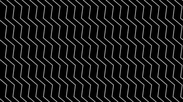 Abstract zigzag solid line motion background loop featuring a seamless geometric chevron pattern with white lines moving from right to left on a black background