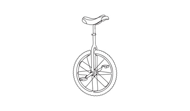 Single continuous line drawing classic sport unicycle. Single slim wheel frame, central hub crank, ergonomic saddle seat for acrobatic balance tricks.