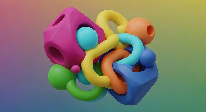 Vibrant 3D abstract rendering of interconnected colorful geometric shapes and flowing tubes on a gradient background.