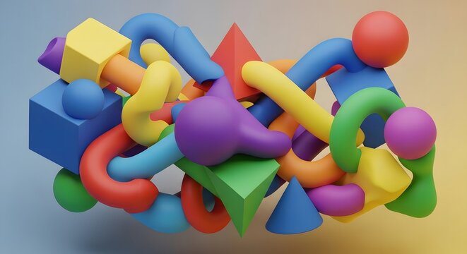 Vibrant abstract composition featuring an intricate tangle of colorful 3D geometric and organic shapes against a soft gradient background.
