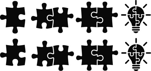 Naklejka premium Puzzle pieces icons, crafting jigsaw assembly symbols with connected hands for problem solving cooperation and business teamwork.