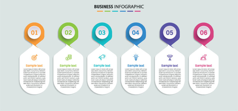 Business infographic vector design template with 6 options, steps or processes. Can be used for workflow layout, diagram, annual report, web design	