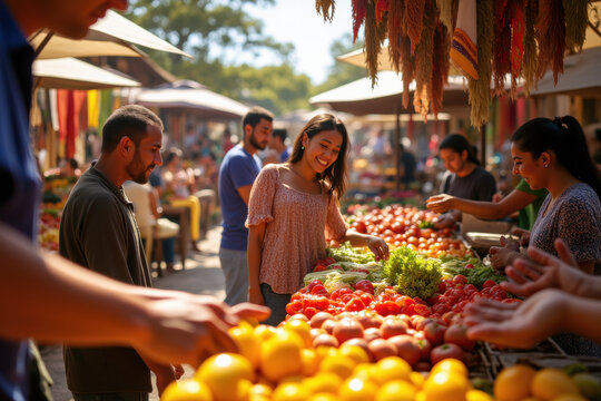 Smiling people shopping for fresh produce at an outdoor market