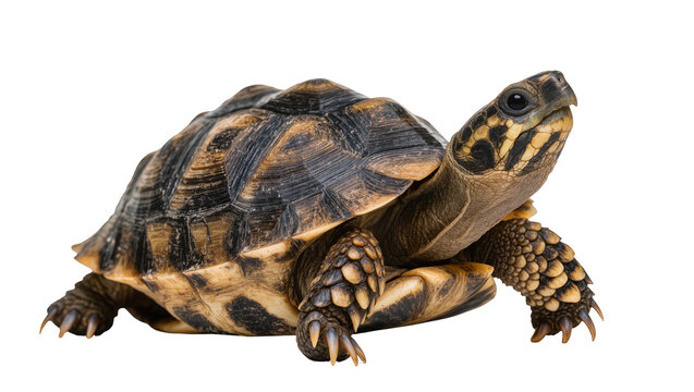 Tortoise with patterned shell and scaly legs on white