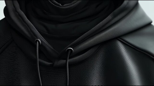Close-up of a black hoodie with drawstring detail, showcasing fabric texture and casual style.