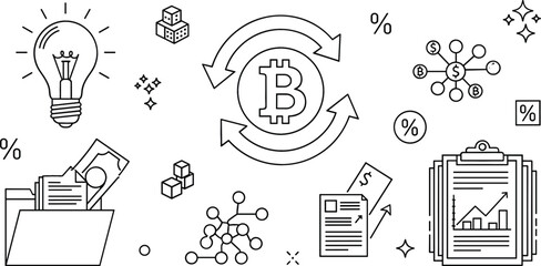 Fototapeta premium Bitcoin and cryptocurrency doodle line icon set featuring blockchain exchange lightbulb financial chart folder network statistics concept