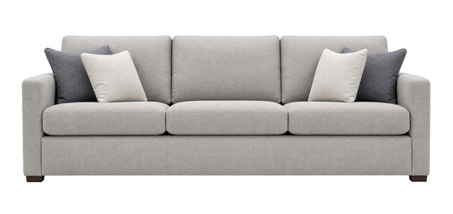 Naklejka premium Modern light gray fabric sofa with decorative throw pillows for contemporary living room