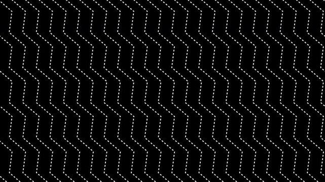 Abstract zigzag line motion background loop featuring a seamless geometric dashed chevron pattern with white dotted lines moving from right to left on a black background