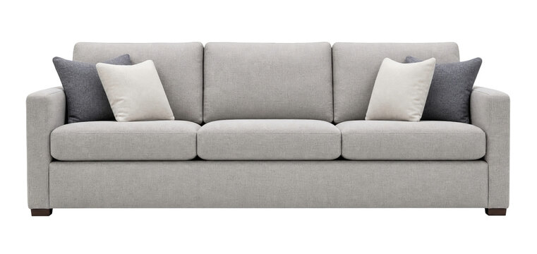 Modern light gray fabric sofa with decorative throw pillows for contemporary living room