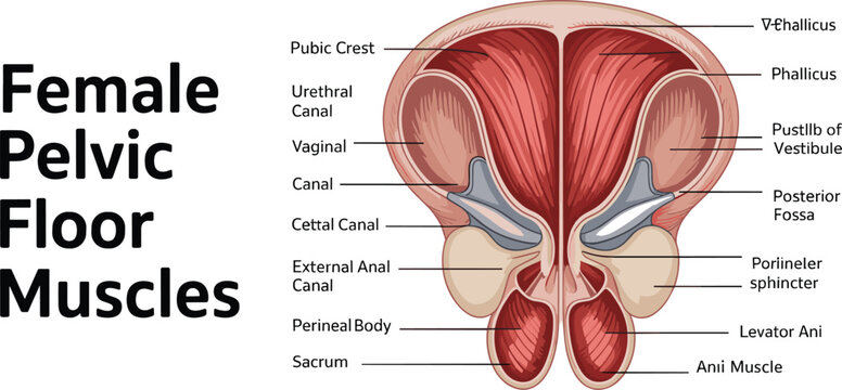 Medical educational vector diagram of female pelvic floor muscles with detailed anatomical labels for healthcare and scientific infographics