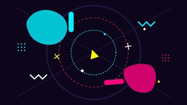 Abstract geometric Memphis motion graphics on dark background
