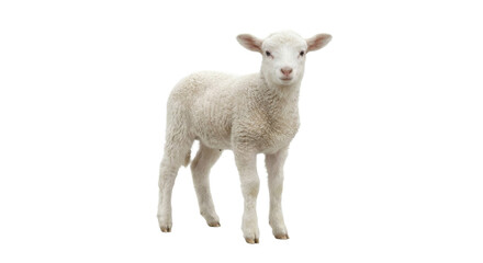 Adorable fluffy white lamb stands on a white background, looking at the camera © Sapphire