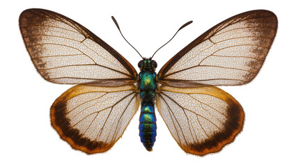 Translucent butterfly with iridescent blue and green body and brown wing edges © Fried