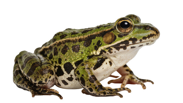 Green spotted frog with dark markings and bulging eyes