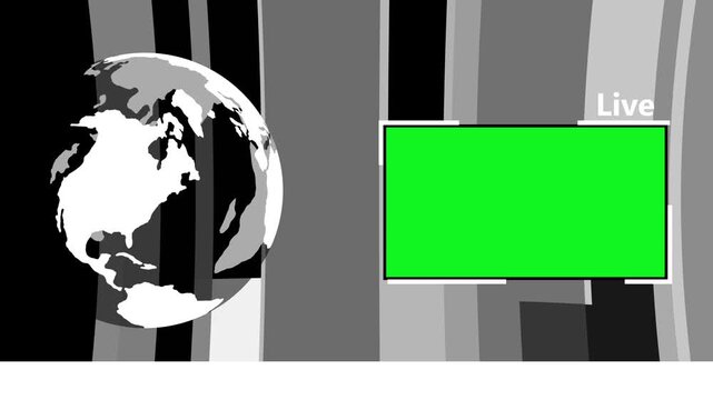 Stylized world globe beside monitor in a modern live broadcast studio background animation