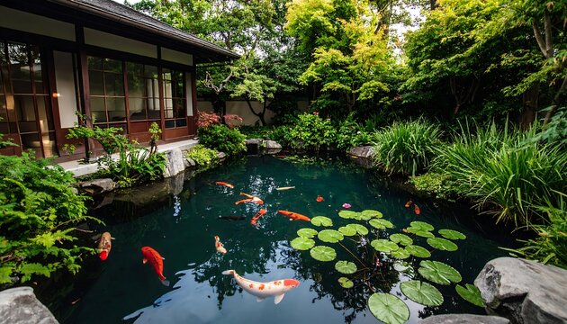 Peaceful Japanese garden pond
