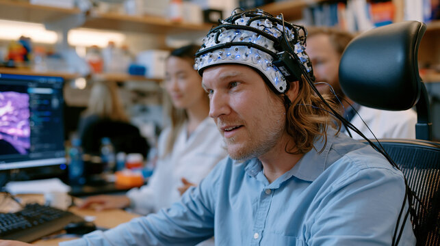 A research volunteer seated in a neural interface testing chair wearing a lightweight BCI headset controlling a cursor on a screen through thought alone while lab assistants in a university neurosci