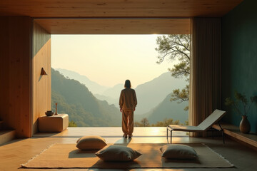 Obraz premium Person standing in minimalist wooden room looking at mountain view