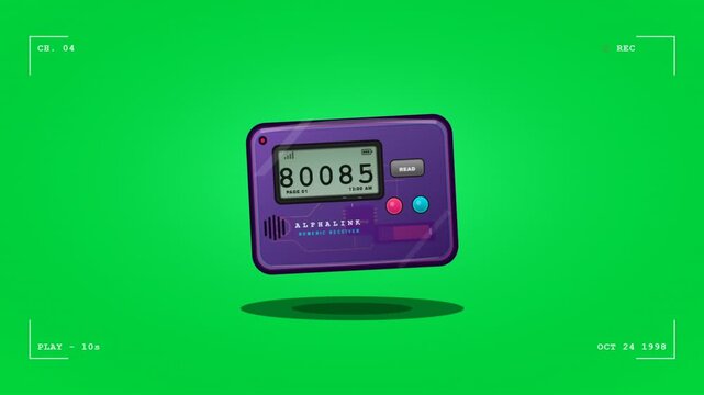 Retro Purple Numeric Pager Floating on Green Background with Overlay