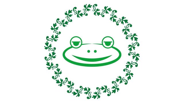 Green frog in leaf wreath on white background. Add looping video to nature projects. Use for ecology campaigns.