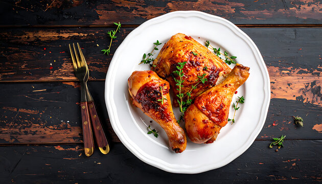 Roasted chicken legs and thighs on white plate, herbs, rustic wooden table, food photography