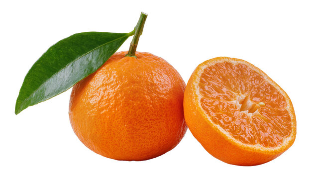 Whole tangerine with green leaf and half tangerine slice