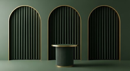 Fototapeta premium Elegant, minimalist studio design with dark green walls, arches, and a pedestal