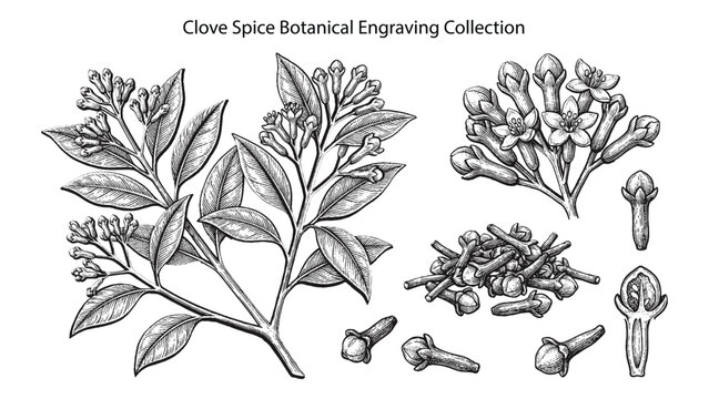 Vintage botanical engraving collection of clove spice. Hand-drawn vector illustration featuring clove plant with leaves and buds, flowers, and dried cloves. Perfect for culinary, herbal, and natural p