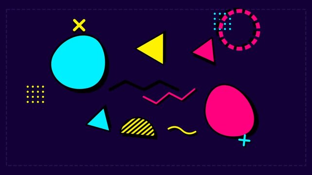 Memphis Style Abstract Geometric Shapes Moving on Dark Background