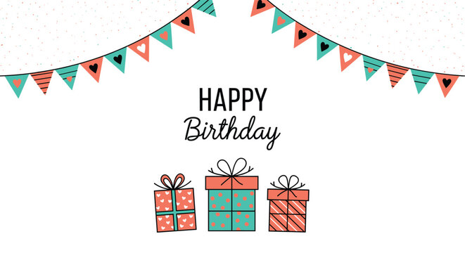 Happy birthday card with festive colorful bunting and a row of decorated gift boxes on a clean white background.