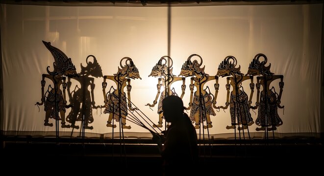 A traditional Indonesian Wayang Kulit shadow puppet performance with a dalang manipulating intricate puppets behind a backlit screen.