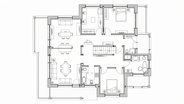 Elegant modern house blueprint with detailed floor plan and various room layouts