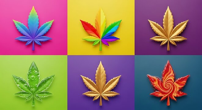 A 2x3 grid of colorful backgrounds featuring stylized cannabis leaf illustrations
