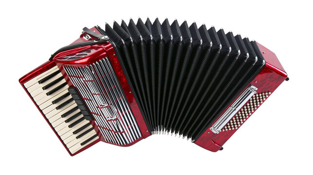 Red accordion with black bellows and white keys