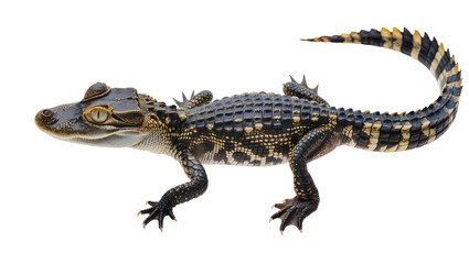 Naklejka premium Young caiman reptile with scaly skin and striped tail