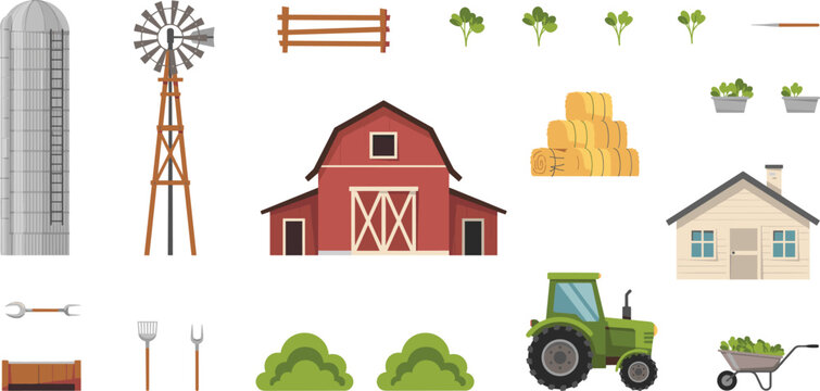 Agriculture and Farm Life Vector Elements Set Featuring Red Barn, Green Tractor, Silo, Windmill, Farmhouse, Hay Bales, Wheelbarrow, and Gardening Tools