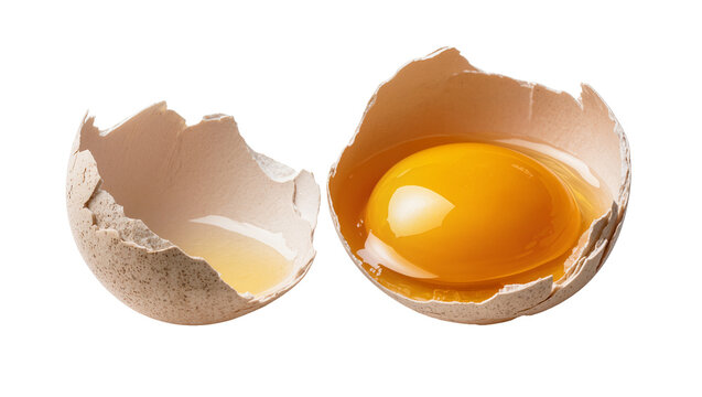 Broken egg with bright yellow yolk and clear albumen