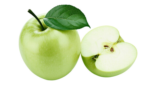 Whole green apple with leaf and half apple showing seeds